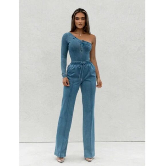 JuxLabel Women's One Shoulder Denim Bodysuit Medium Wash - Picture 5 of 7